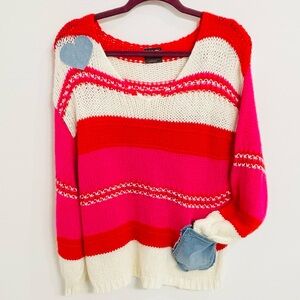 One of a Kind Upcycled Colorful Sweater with Denim Pocket and Heart - Size M